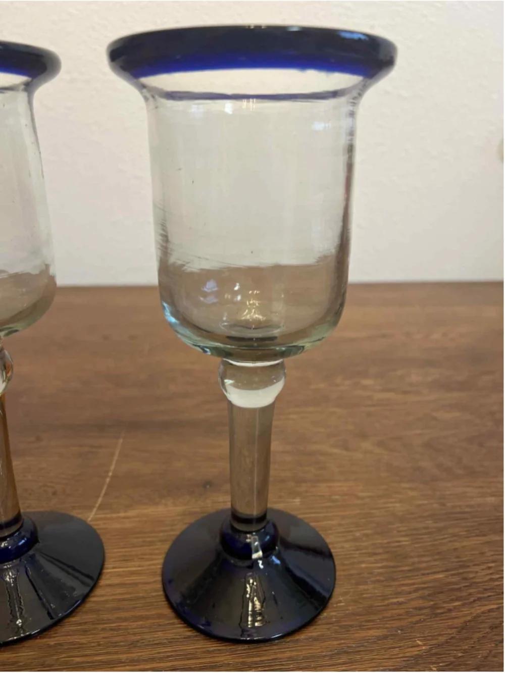 Pair of Mexican Hand Blown Glass Goblets Cobalt Blue Rim & Base Wine Glasses